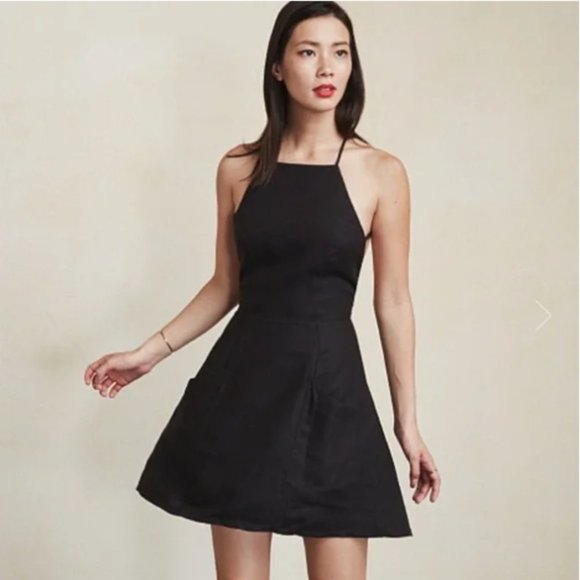 REFORMATION Aurora Black Cross Strap Apron Style Mini Dress Pocket - Picture 1 of 5